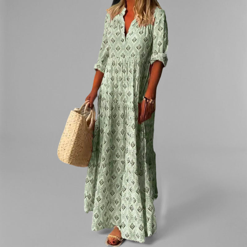Maxi abito estivo da donna con stampa vintage, scollo a V e manica 3/4. Vestito lungo fluido e ampio, ideale per la primavera.