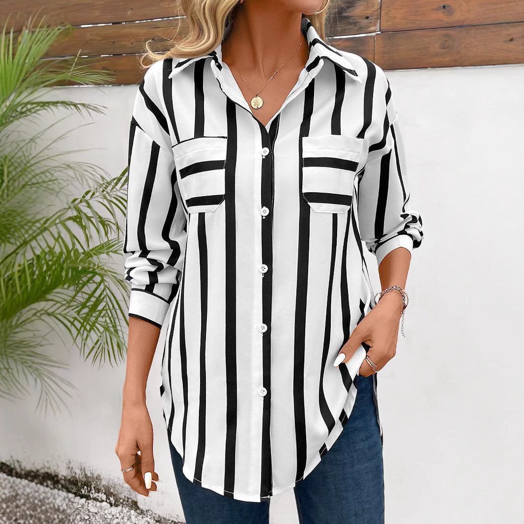 Camicia donna lunga ampia a righe verticali multicolore blu navy, arancione, nero. Perfetta per look casual o eleganti.