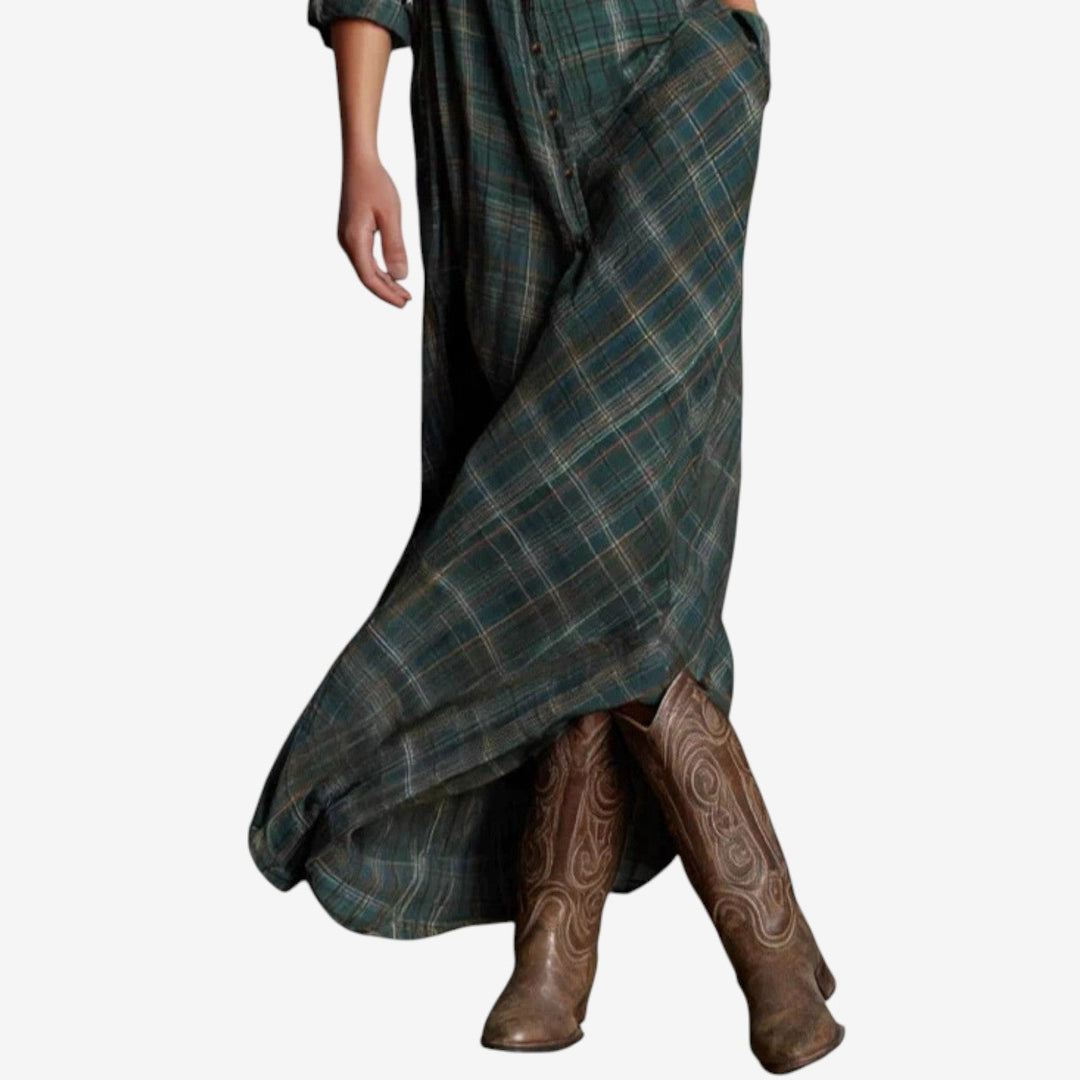 Abito lungo a quadri da donna, vestito casual chic, chemisier confortevole e alla moda per ogni stagione.