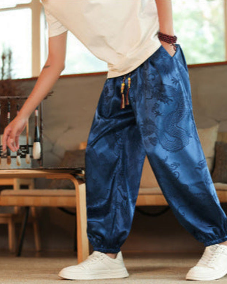 Moda uomo: pantaloni harem con stampa dragone orientale, vita con coulisse e gamba ristretta. Stile casual etnico.