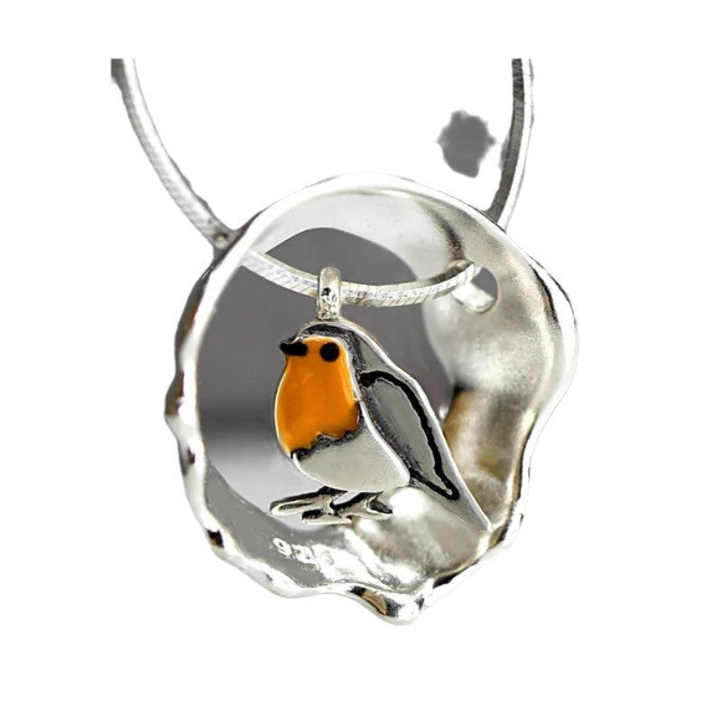 Collana donna argento pettirosso, ciondolo raffinato, gioiello naturale e artigianale.