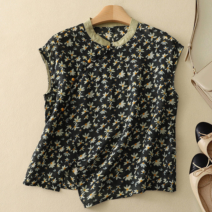 Camicetta estiva donna a manica corta, stampa floreale vivida, collo coreana, stile chic e versatile.