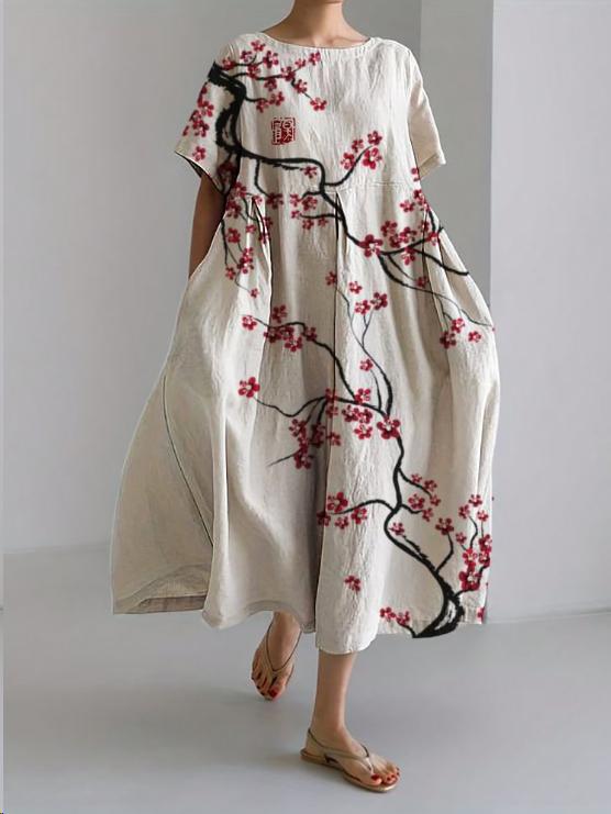 Vestito estivo kaftan floreale da donna con stampa fiori giapponese, ideale per look casual chic.