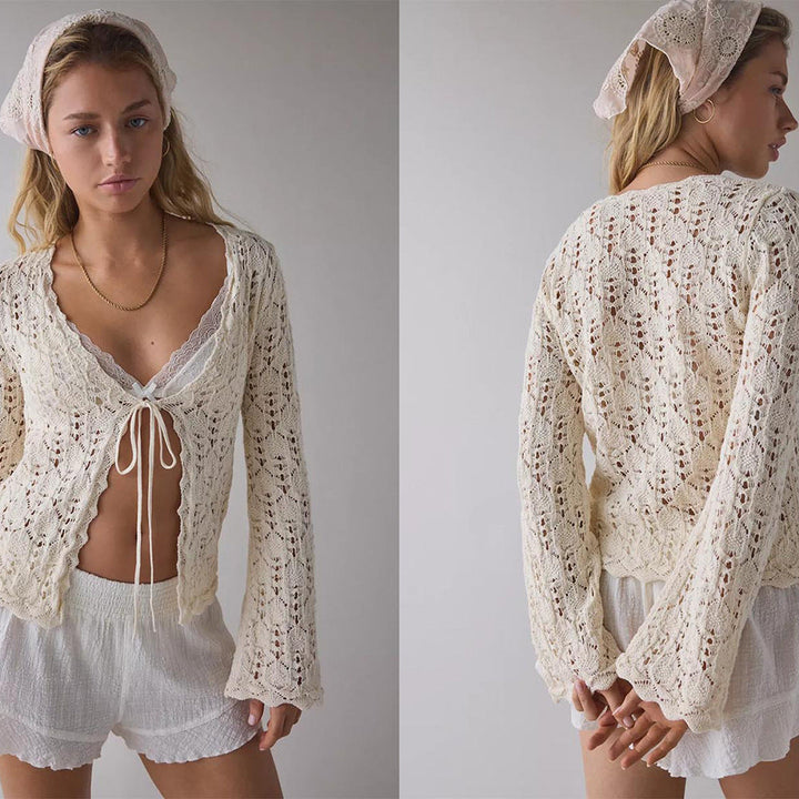 Cardigan donna versatile con laccio regolabile, un capo elegante e comodo per la primavera estate.