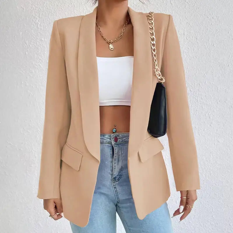 Blazer lungo donna professionale con collo a scialle, ideale per l'ufficio e per un tocco di classe al lavoro.