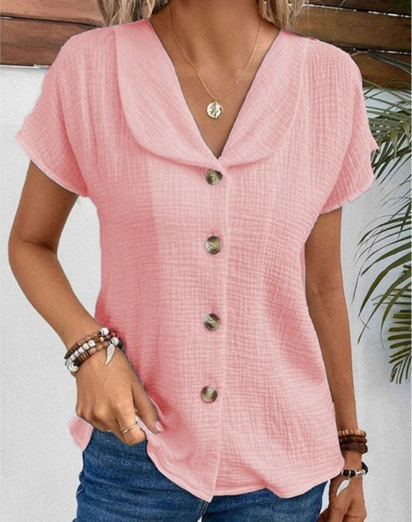 Camicetta donna versatile ed elegante con collo a bottoni. Perfetta per primavera/estate, casual o ufficio. Bianco/blu/rosa.