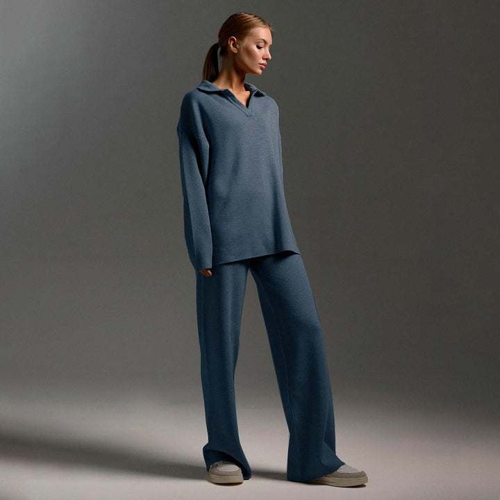 Set maglia donna confortevole, maglione morbido oversize e pantaloni larghi per abbigliamento casa casual.