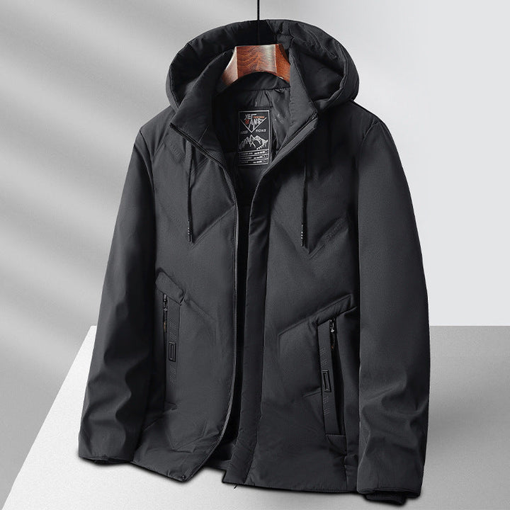Cappotto uomo grigio ampio e caldo con zip frontale, perfetto per l'abbigliamento invernale maschile.