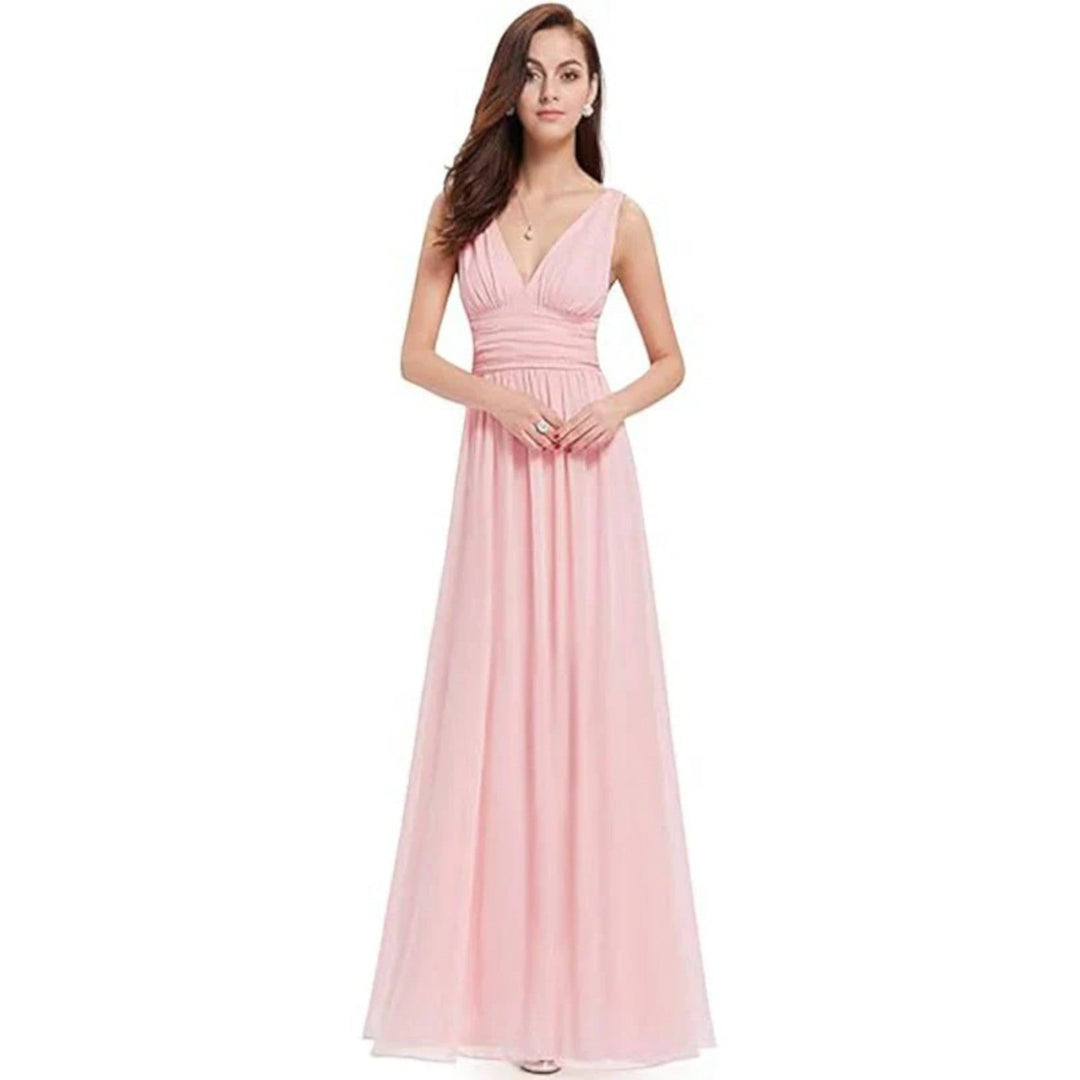 Abito lungo elegante scollo a V per donna, senza maniche, ideale come vestito da sera o festa.