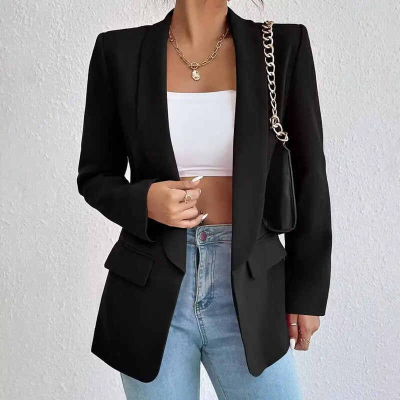 Blazer lungo donna elegante con collo a scialle, perfetto per ufficio o look sofisticati. Eleganza versatile.