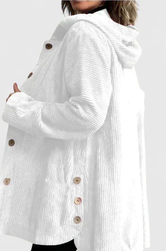 Giacca donna versatile in velluto a coste con cappuccio, per un look casual ed elegante.