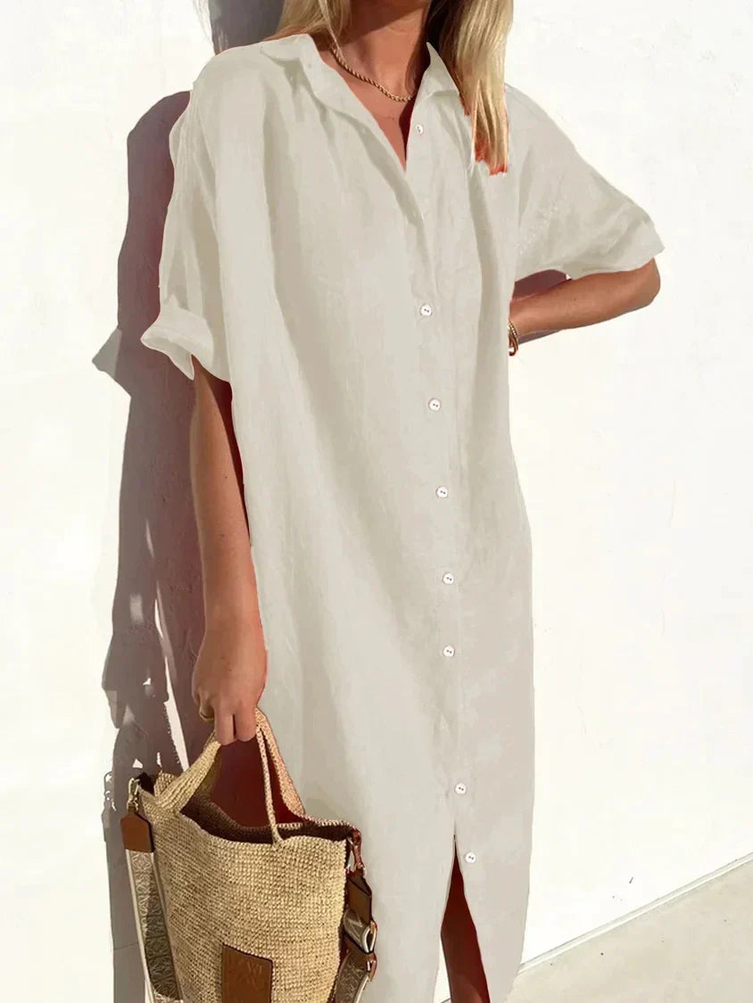 Vestito lungo donna estivo con bottoni, maniche corte. Abito midi leggero casual per look disinvolto.