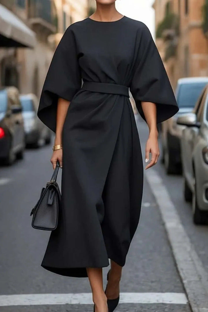 Vestito midi elegante donna, ideale per l'ufficio o eventi formali, con maniche larghe e design chic.