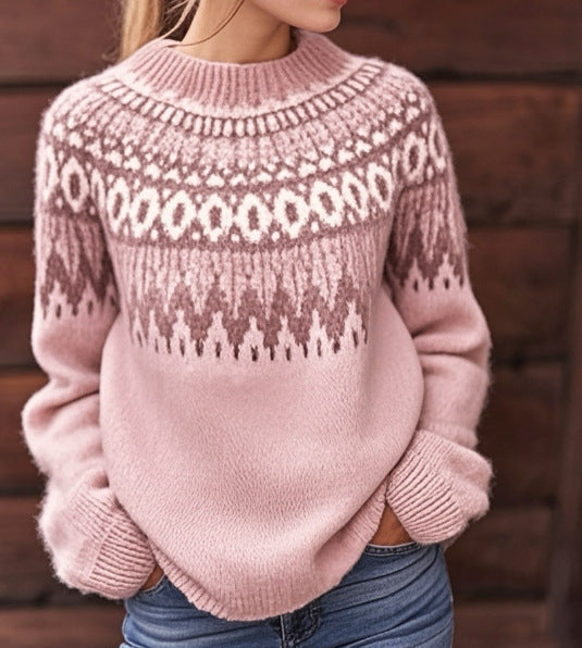 Maglione donna Fair Isle rosa, caldo e comodo girocollo. Perfetto per l'abbigliamento invernale casual con un tocco vintage.