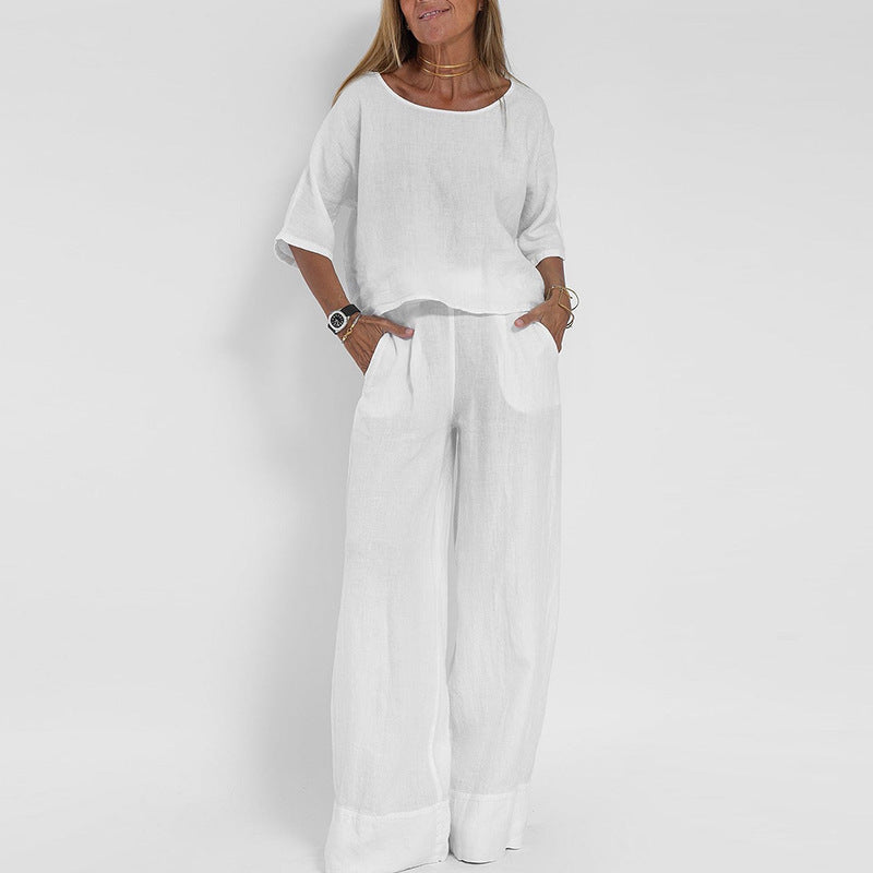 Completo donna estivo con top e pantaloni ampi, perfetto per eleganza quotidiana e un abbigliamento comodo.