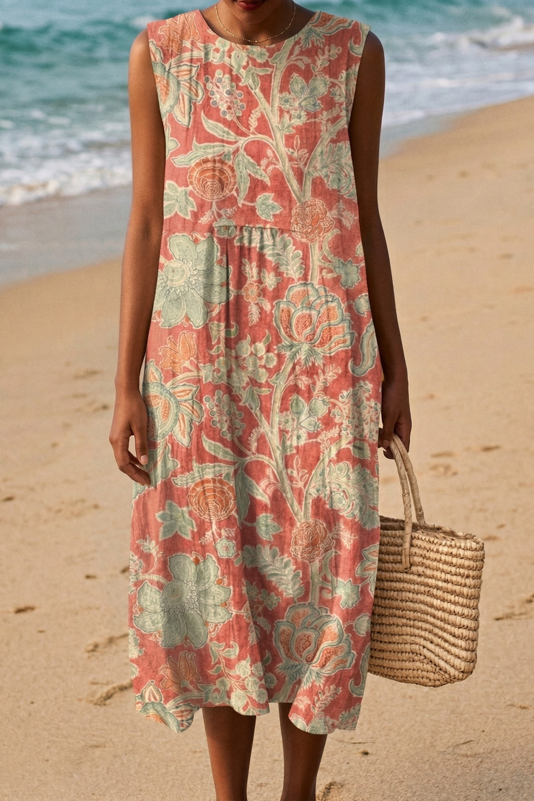 Abito midi casual donna senza maniche con nodo decorativo sul retro, perfetto per un look estivo comodo e versatile.