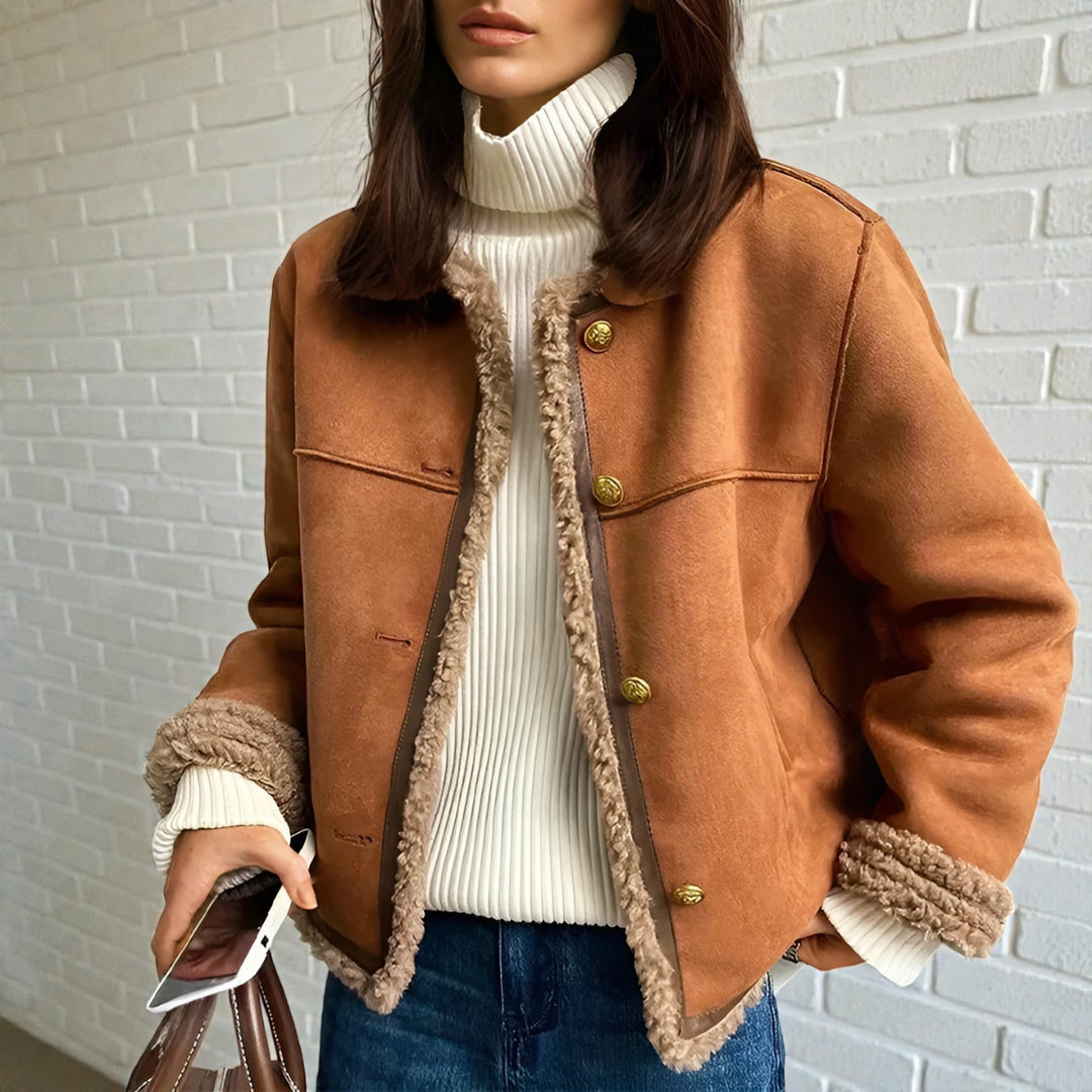Giacca invernale da donna marrone in pile, calda e versatile con collo rotondo, perfetta per look casual-eleganti.