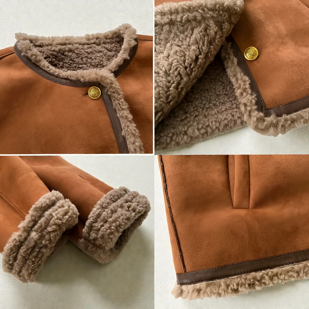 Giacca invernale da donna marrone scuro, morbida e calda. Caratteristiche: collo rotondo, foderata in pile, stile casual.