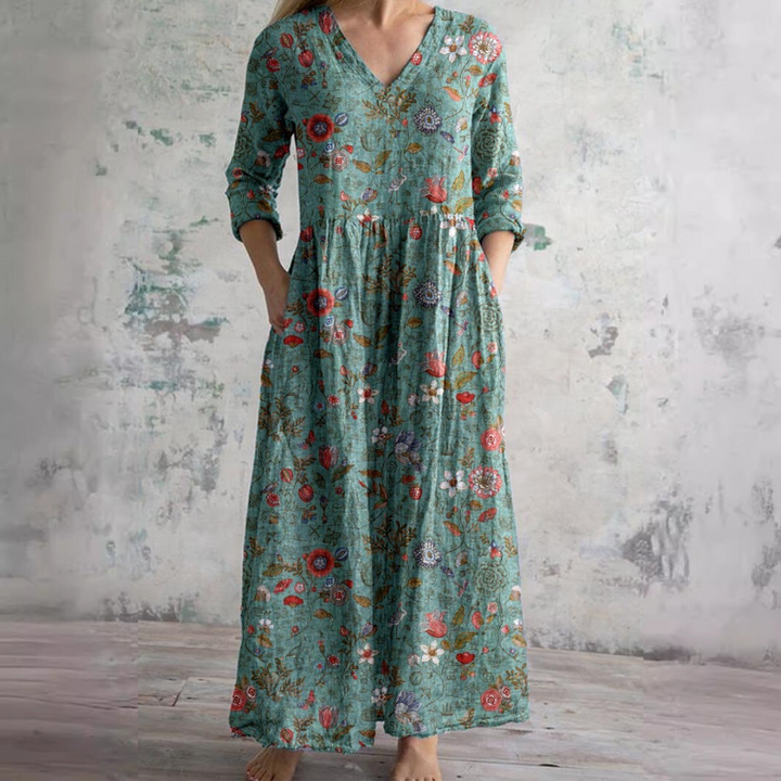 Abito estivo lungo da donna, stampa floreale e scollo a V. Ottimo per il comfort estivo e la moda mare boho.