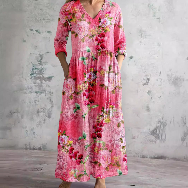 Abito estivo giallo da donna con stampa floreale, scollo a V, vestito maxi boho, ottimo per la moda mare.