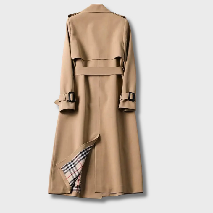 Trench classico vintage da donna, vista posteriore, taglio elegante e versatile per autunno.