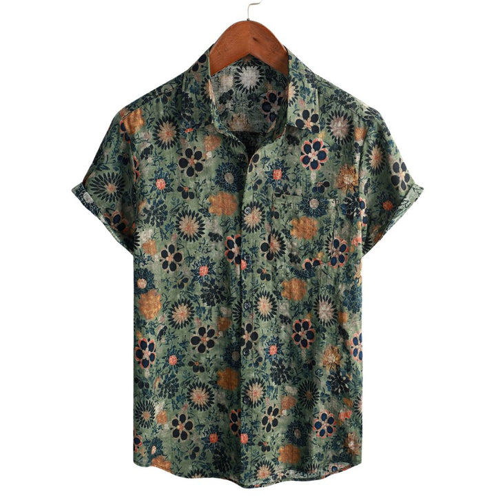 Camicia hawaiana uomo tropicale a maniche corte, ideale per l'estate. Moda mare verde scuro.
