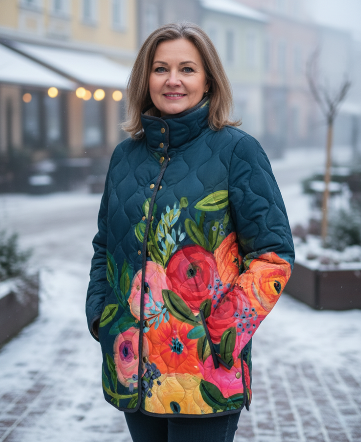 Giacca invernale trapuntata donna, motivo floreale vintage. Cappotto elegante per affrontare il freddo con stile.