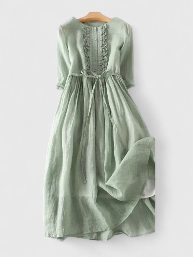Vestito midi floreale donna verde salvia, ideale per primavera ed estate, stile casual ed elegante.