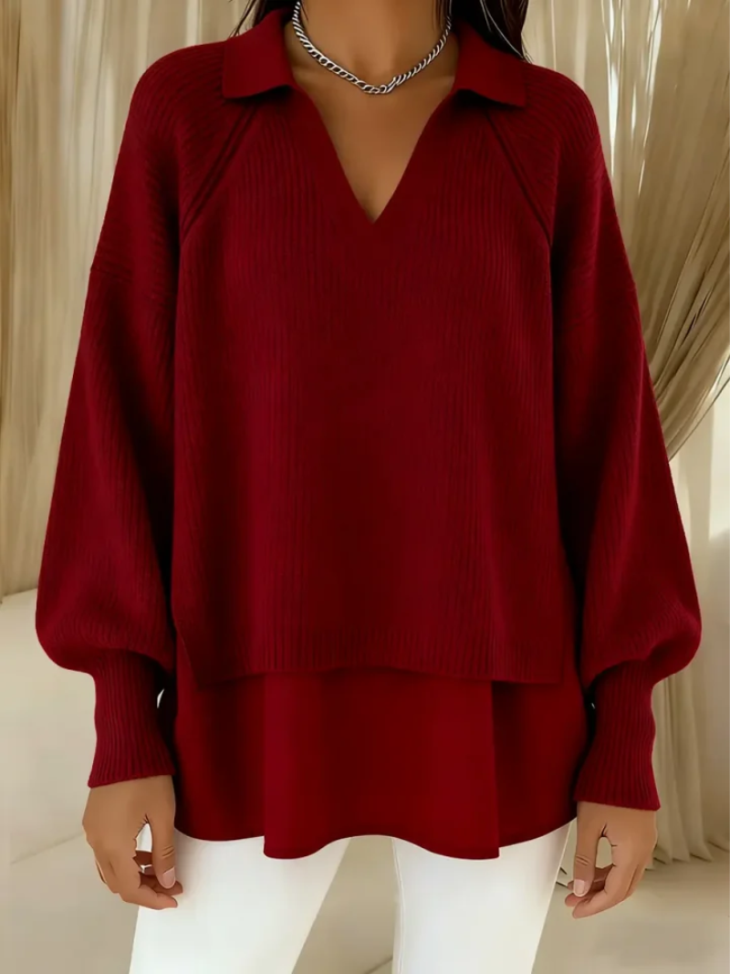 Maglione donna a strati con scollo a V e colletto, maniche ampie, ideale per look elegante o abbigliamento casual.