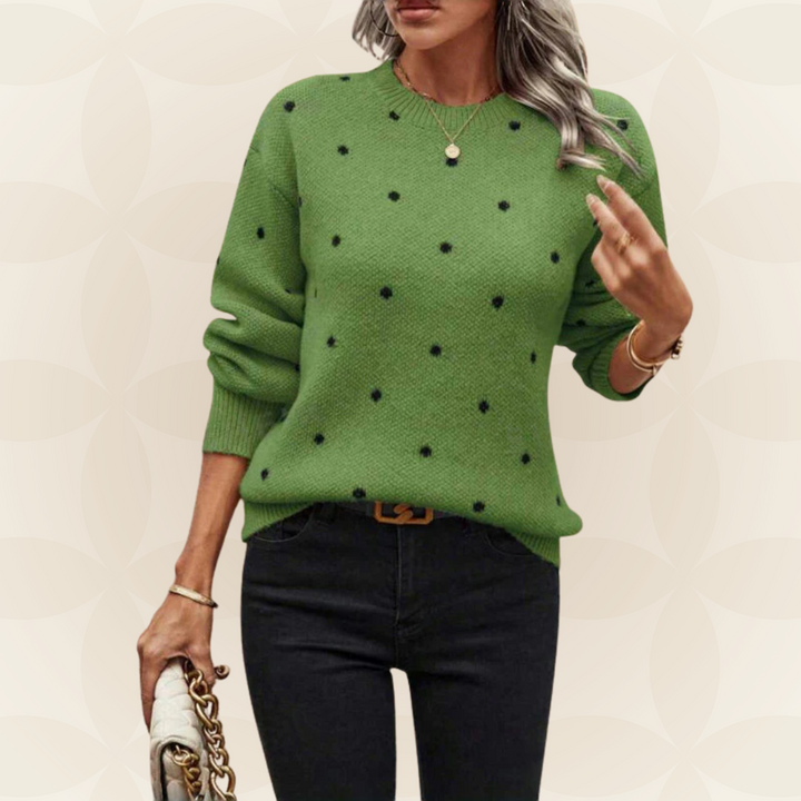 Pullover donna autunnale con motivo a pois, scollo tondo. Abbigliamento versatile per un look moderno e confortevole.