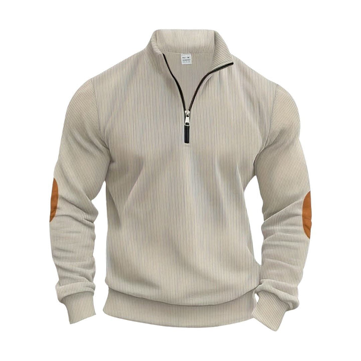 Maglione uomo elegante grigio invernale, pullover con polsini a coste. Abbigliamento maschile casual chic.