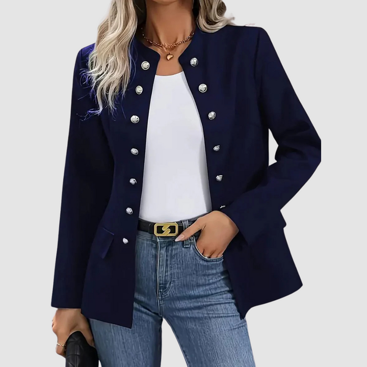 Blazer donna strutturato blu navy elegante per look ufficio moderno e femminile.