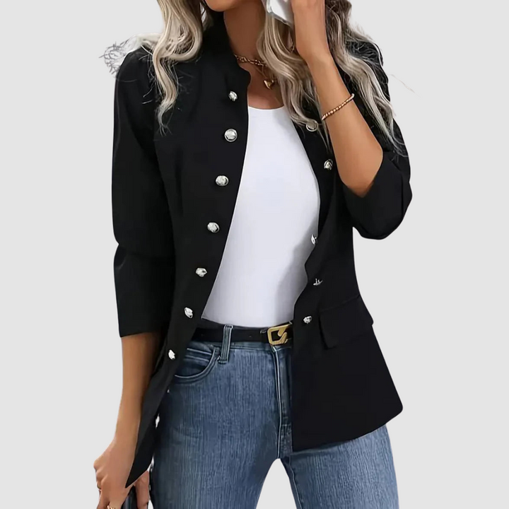 Blazer donna versatile blu navy, strutturato, ideale per look ufficio o abbigliamento casual chic.