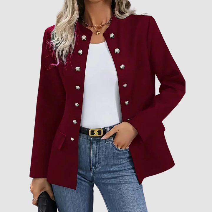 Blazer donna strutturato raffinato, blu navy, per un tocco di moda femminile e stile contemporaneo.