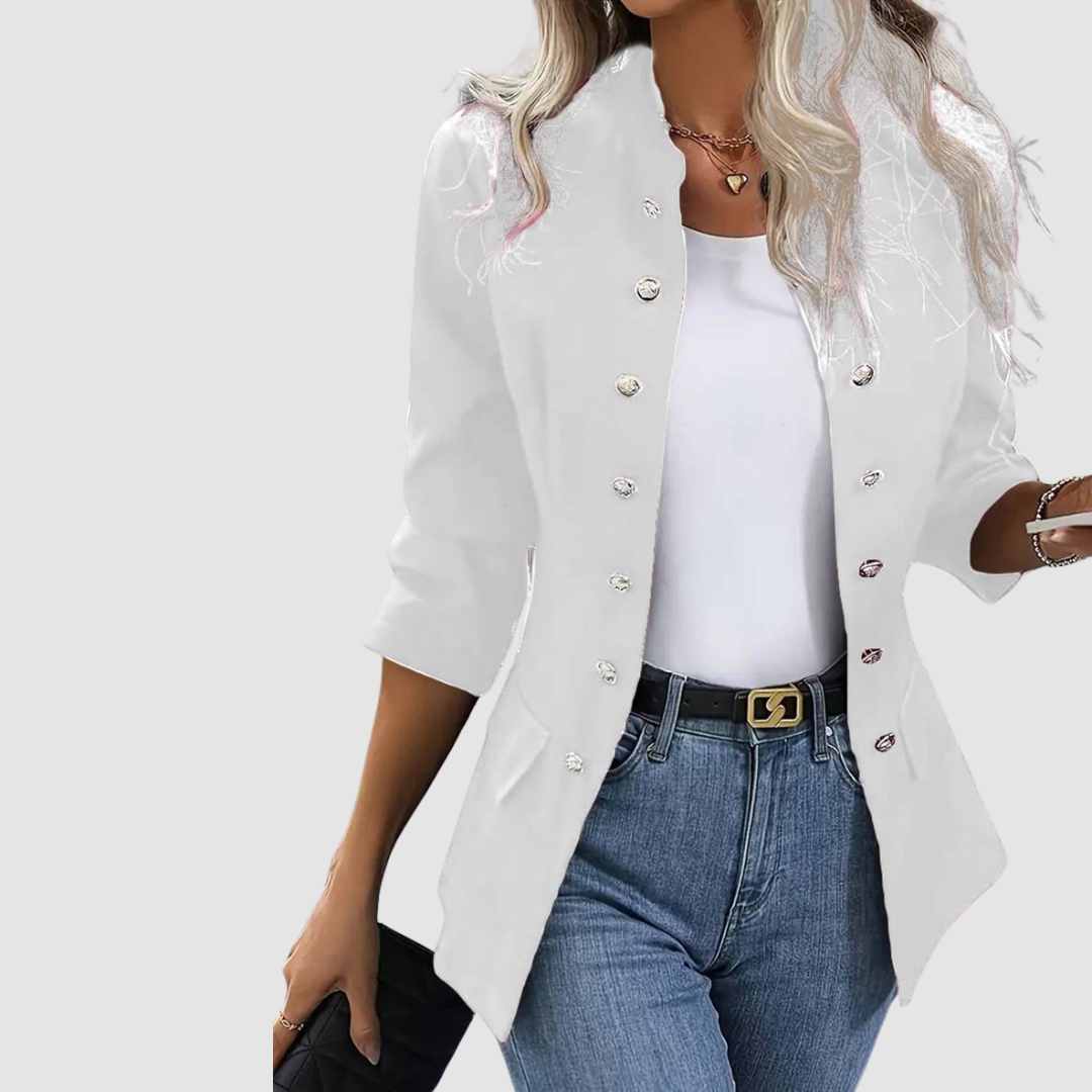 Blazer donna strutturato blu navy elegante, giacca moderna per abbigliamento chic e femminile.