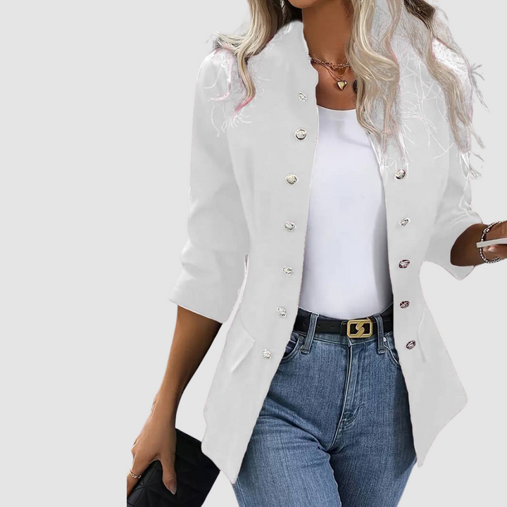 Blazer donna strutturato blu navy elegante, giacca moderna per abbigliamento chic e femminile.