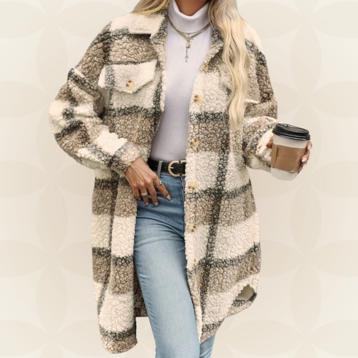 Cappotto lungo donna autunnale a quadri, elegante e chic, con bottoni. Perfetto per la moda outerwear.