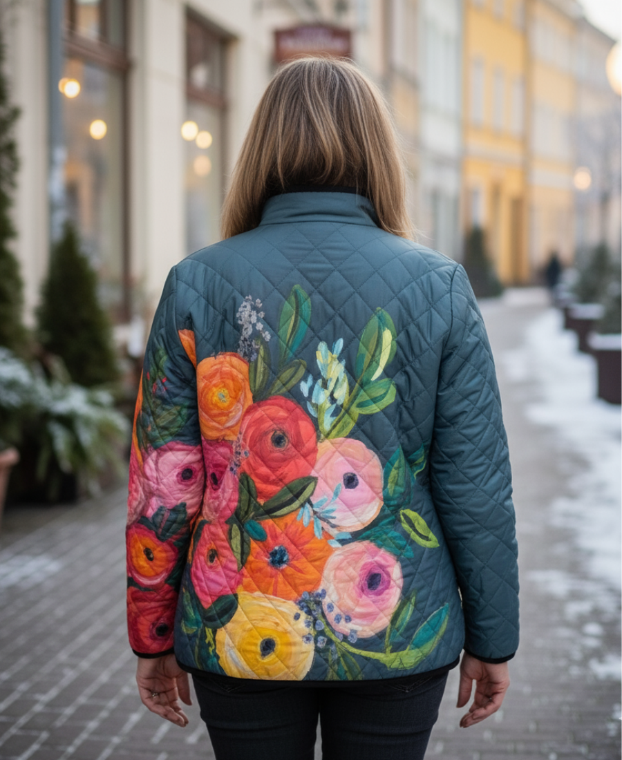 Moda donna: giacca invernale trapuntata floreale vintage. Cappotto elegante outwear, ottimo per freddo e stile.