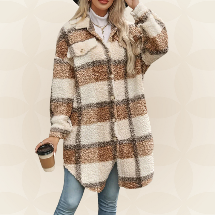Cappotto donna a quadri lungo, autunnale, con bottoni. Design elegante e versatile per ogni outfit chic.
