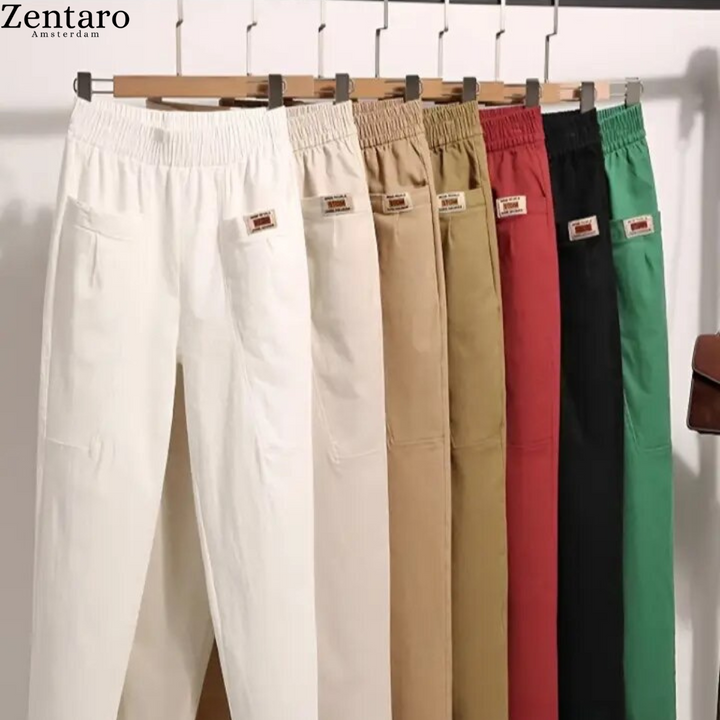 Pantaloni casual donna in cotone con vita elastica, comodi e versatili per outfit quotidiani o da lavoro.