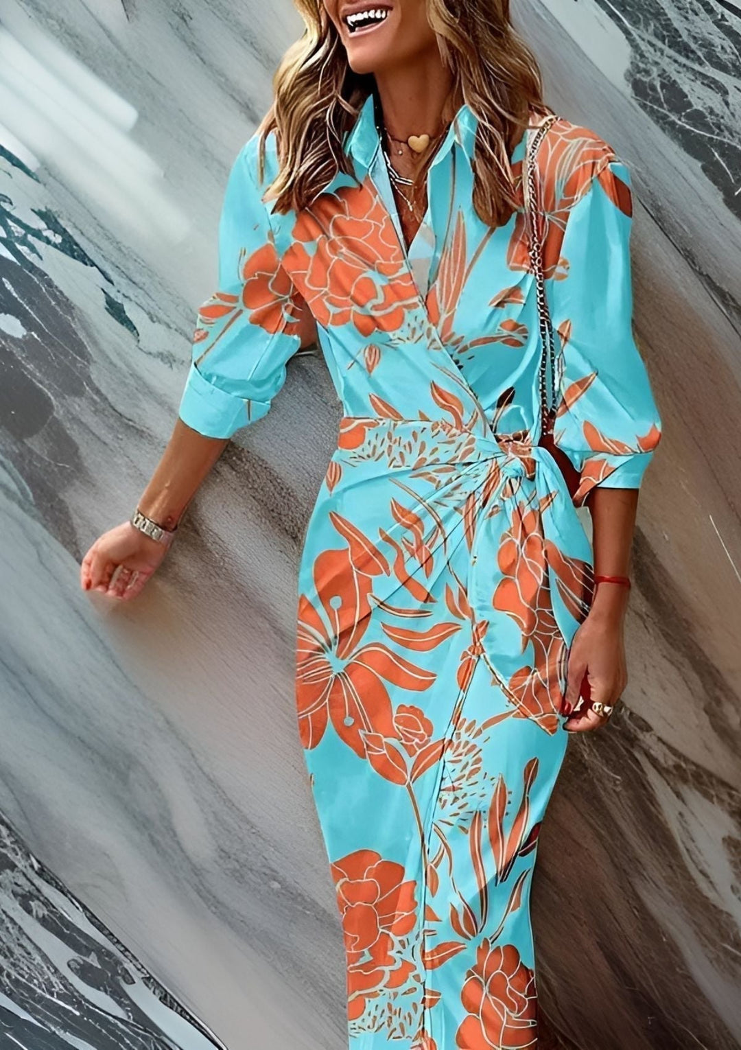 Eleganza aderente: abito camicia midi in cotone stampato, vestito versatile e comodo.