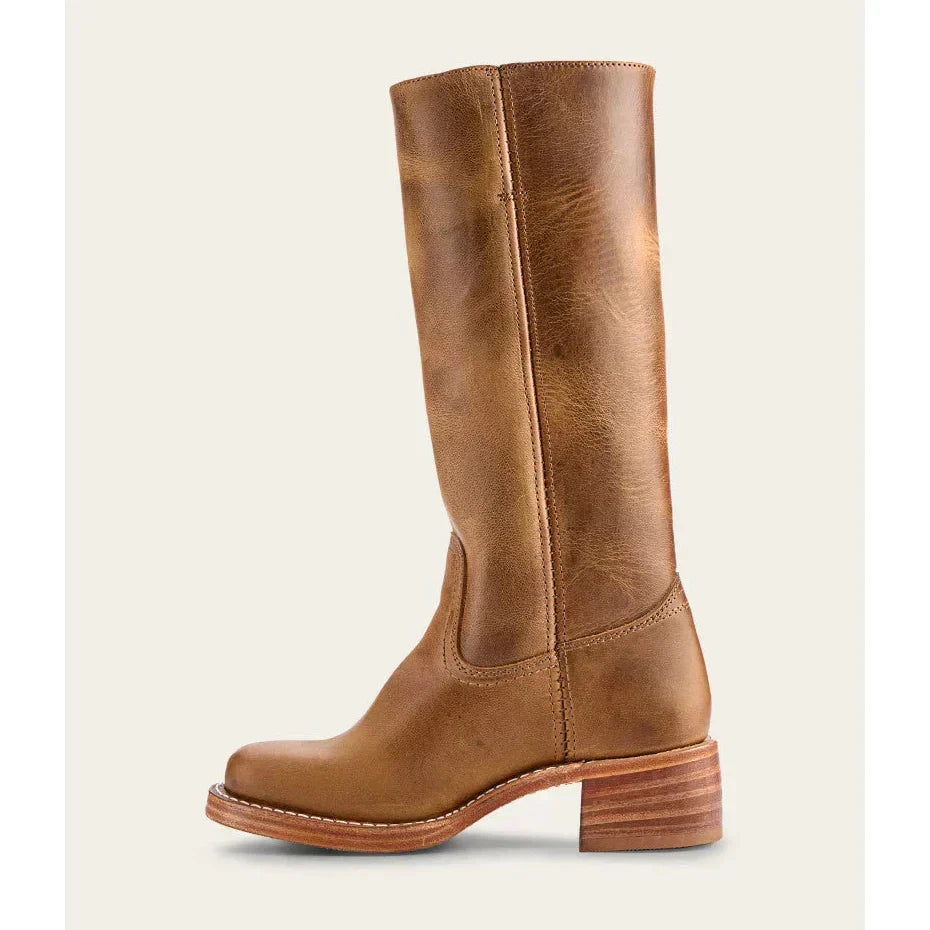 Calzature invernali da donna: stivali alti marroni stile cowboy. Pelle resistente, tacco blocco e punta quadrata.