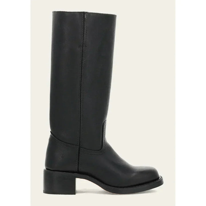 Stivali alti da donna, neri, con dettagli stile western. Calzature in pelle, tacco blocco e punta quadrata.