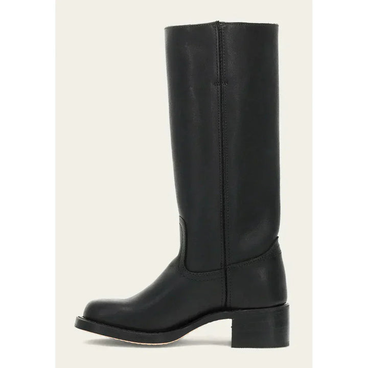 Stivali da donna in pelle marrone, alti, con stile cowboy. Tacco blocco per comfort, look elegante. Moda.