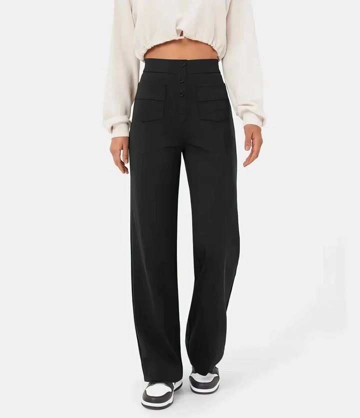 Pantaloni leggeri a vita alta per donna, perfetti per primavera ed estate. Massima comodità, stile versatile.