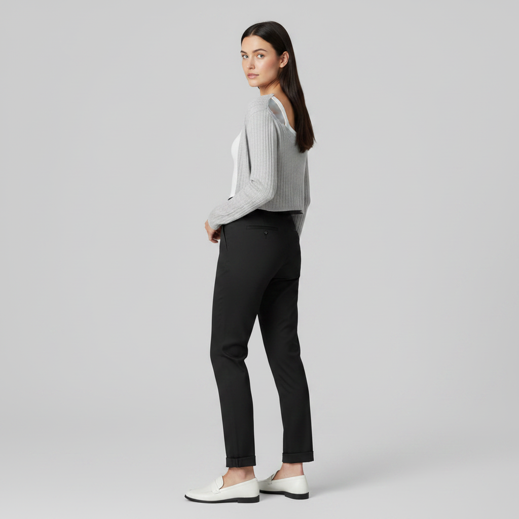 Pantaloni da ufficio donna a vita alta neri o grigi, modello gamba slim, perfetti per un outfit elegante e moderno.