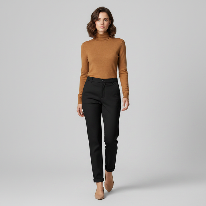 Pantaloni da donna slim fit a vita alta per l'ufficio, look professionale ed elegante, disponibili in vari tessuti.
