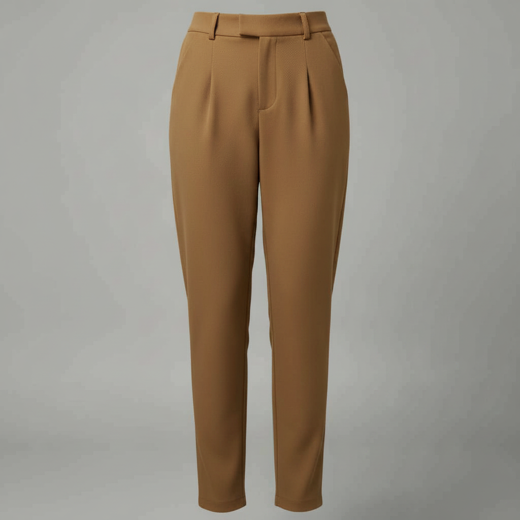 Vista posteriore pantaloni eleganti donna: vita alta, gamba dritta. Design classico e versatile per ogni figura.