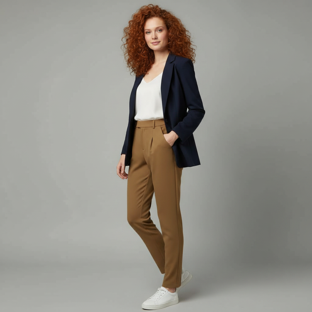 Pantaloni da donna eleganti beige a vita alta, con gamba dritta, ideali per outfit raffinati e professionali.