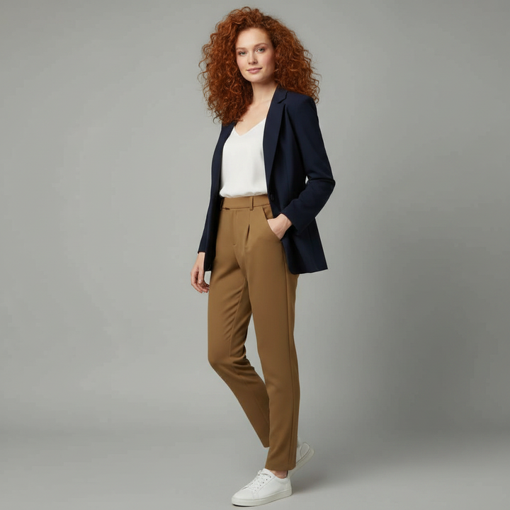 Pantaloni da donna eleganti beige a vita alta, con gamba dritta, ideali per outfit raffinati e professionali.